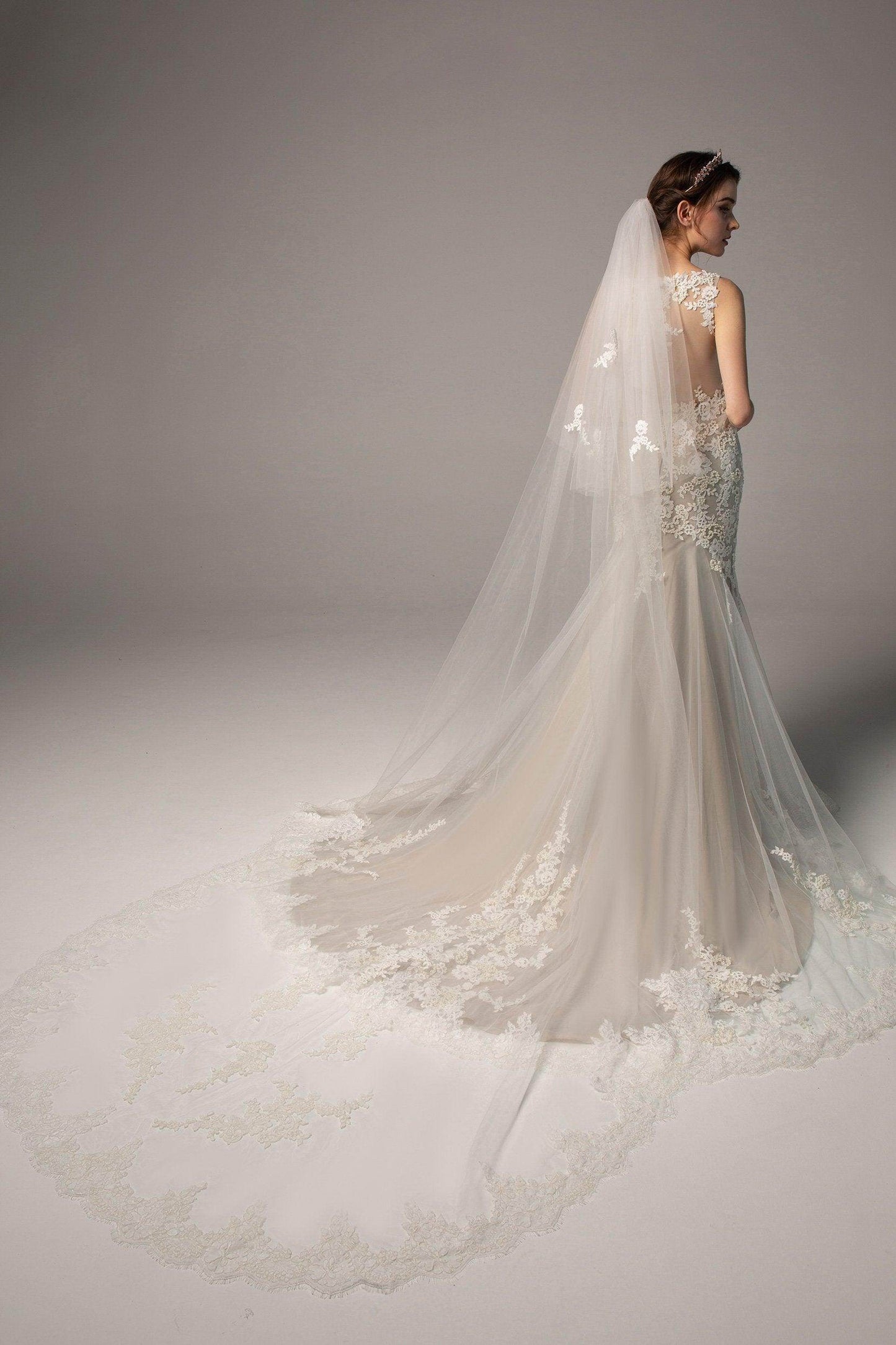 Two-tier Lace Edge Tulle Cathedral Veils Appliques CV0231 - COCOMELODY