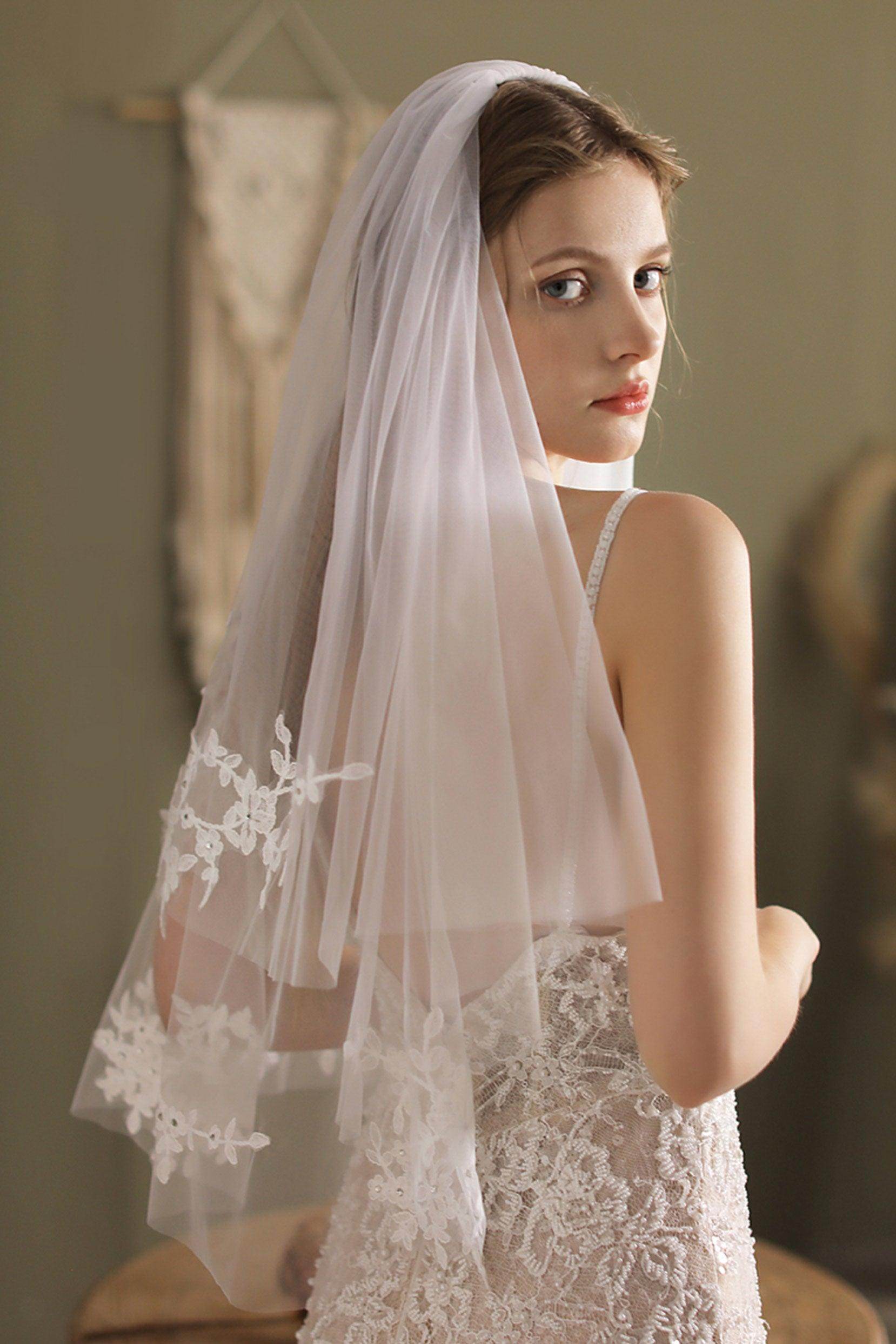Two-tier Cut Edge Tulle Waist Veils Appliques Beading CV0263 - COCOMELODY