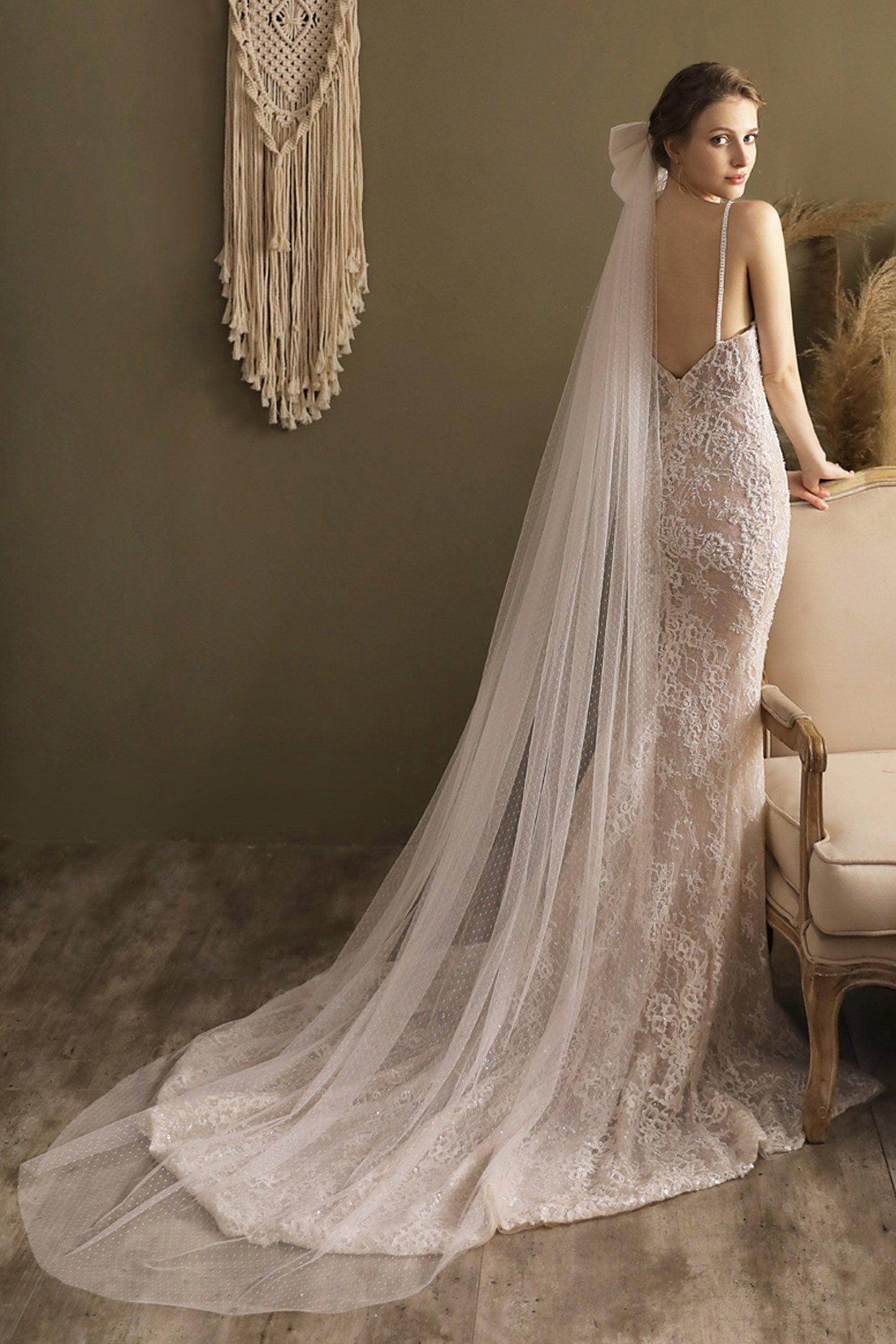 One-tier Cut Edge Voile Chapel Veils with Bow CV0265 - COCOMELODY