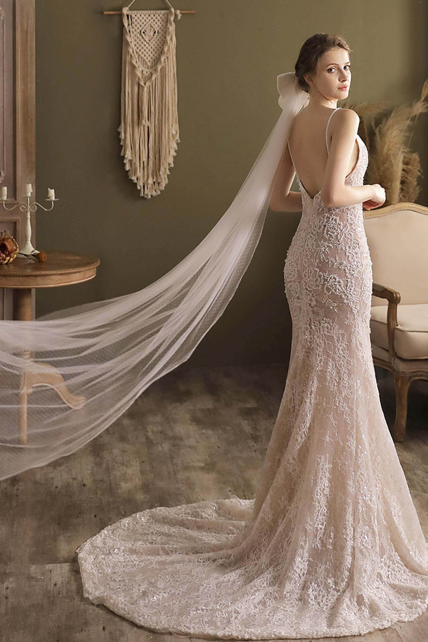 One-tier Cut Edge Voile Chapel Veils with Bow CV0265 - COCOMELODY