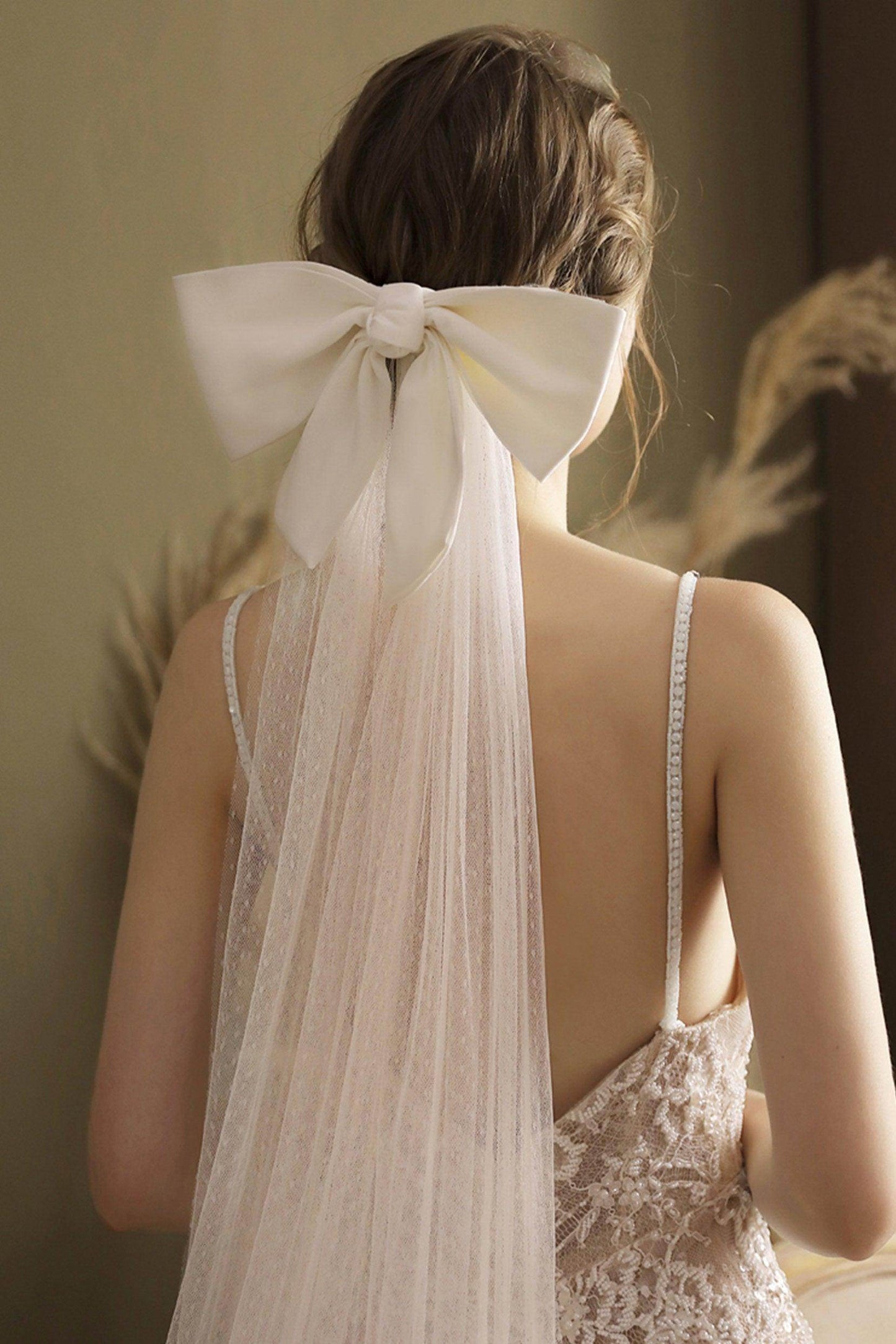 One-tier Cut Edge Voile Chapel Veils with Bow CV0265 - COCOMELODY