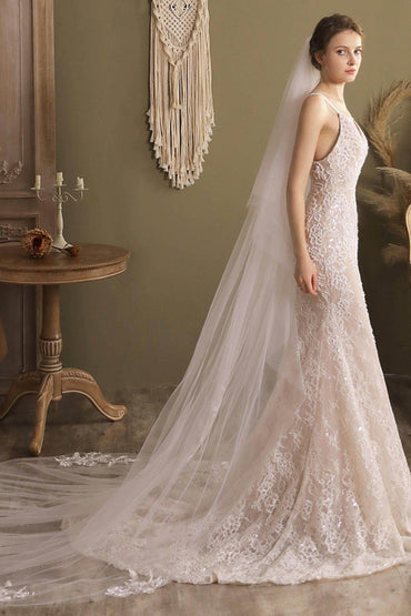 Two-tier Cut Edge Tulle Chapel Veils with Appliques CV0267 - COCOMELODY