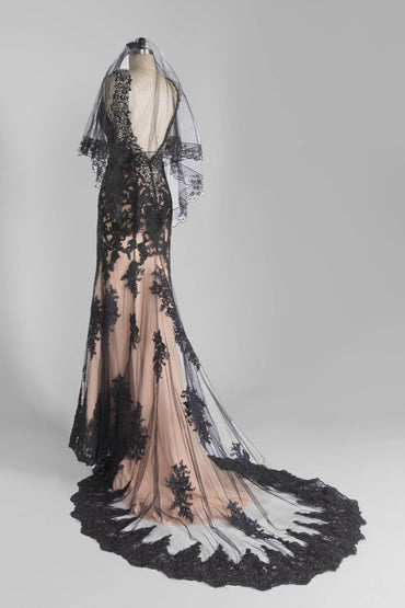 Two-tier Lace Edge Tulle, Lace Hip Veils with Appliques CV0280 - COCOMELODY