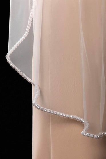 One-tier Pearl Trim Edge Tulle Hip Veils with Beading CV0283 - COCOMELODY
