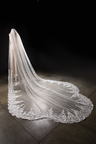 One-tier Lace Edge Tulle Lace Cathedral Veils with Appliques CV0285