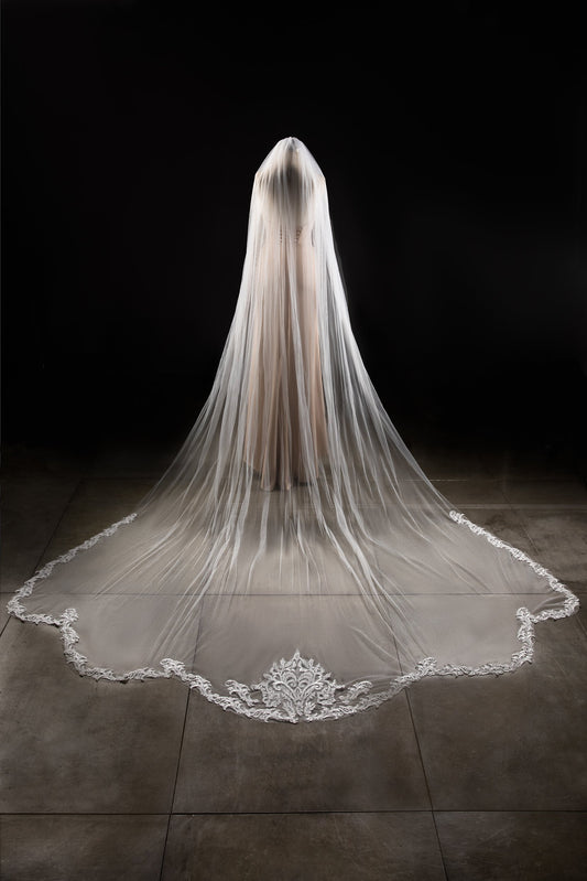 One-tier Lace Edge Tulle Lace Cathedral Veils with Appliques CV0287