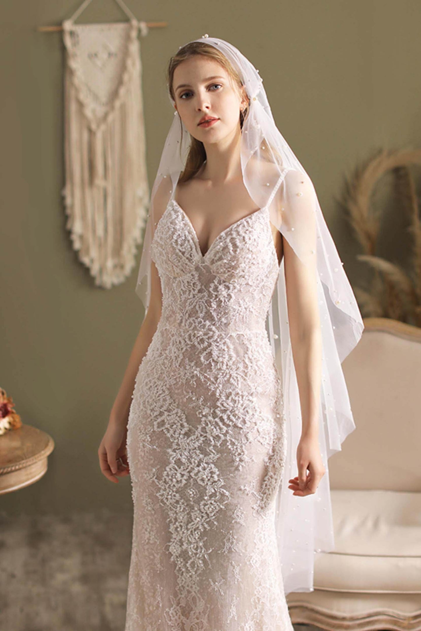 One-tier Cut Edge Tulle Tea Veils with Beading CV0294 - COCOMELODY