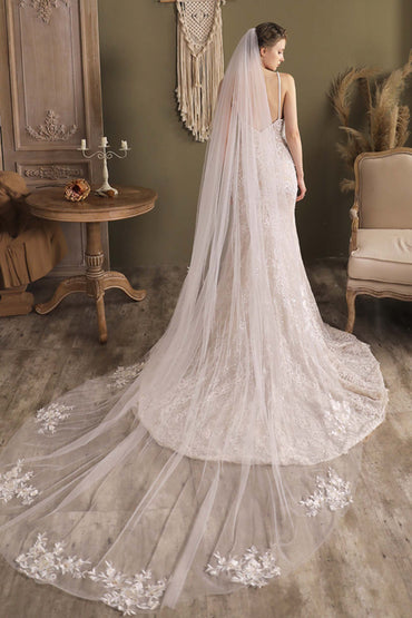 One-tier Cut Edge Tulle Cathedral Veils with Appliques CV0297
