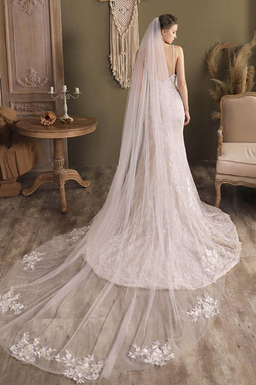 One-tier Cut Edge Tulle Cathedral Veils with Appliques CV0297 - COCOMELODY