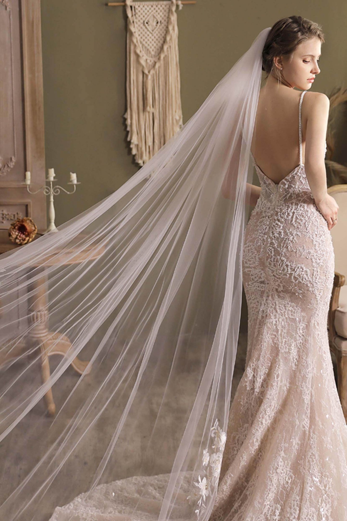 One-tier Cut Edge Tulle Cathedral Veils with Appliques CV0297 - COCOMELODY