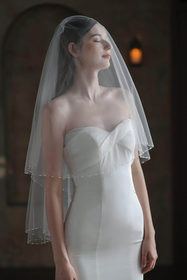 Two-tier Beaded Edge Tulle Hip Veils with Pearls CV0307 - COCOMELODY