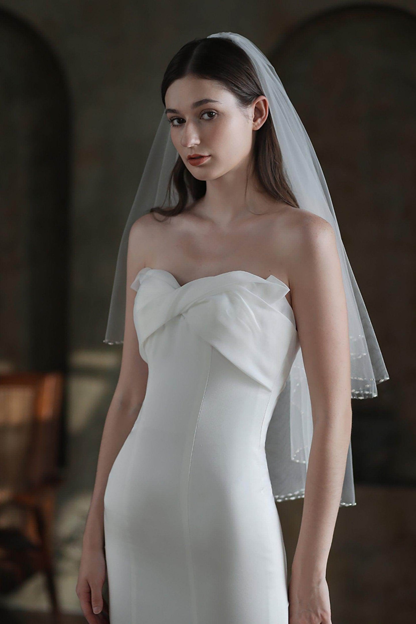 Two-tier Beaded Edge Tulle Hip Veils with Pearls CV0307 - COCOMELODY