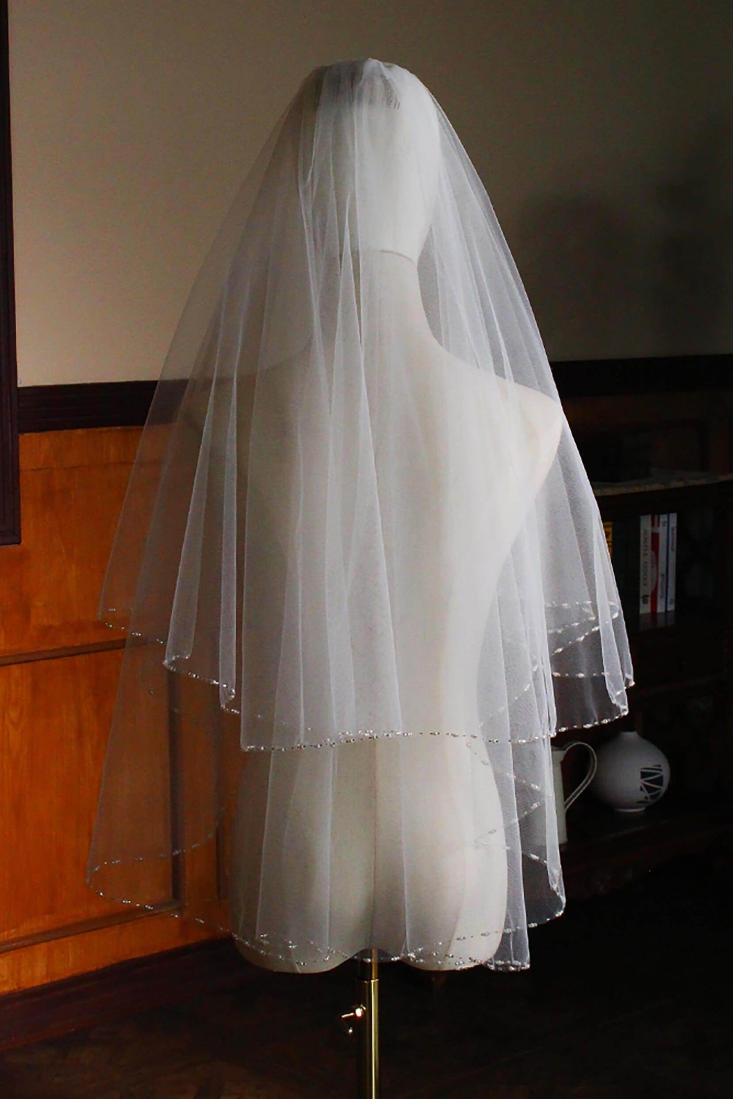 Two-tier Beaded Edge Tulle Hip Veils with Pearls CV0307 - COCOMELODY