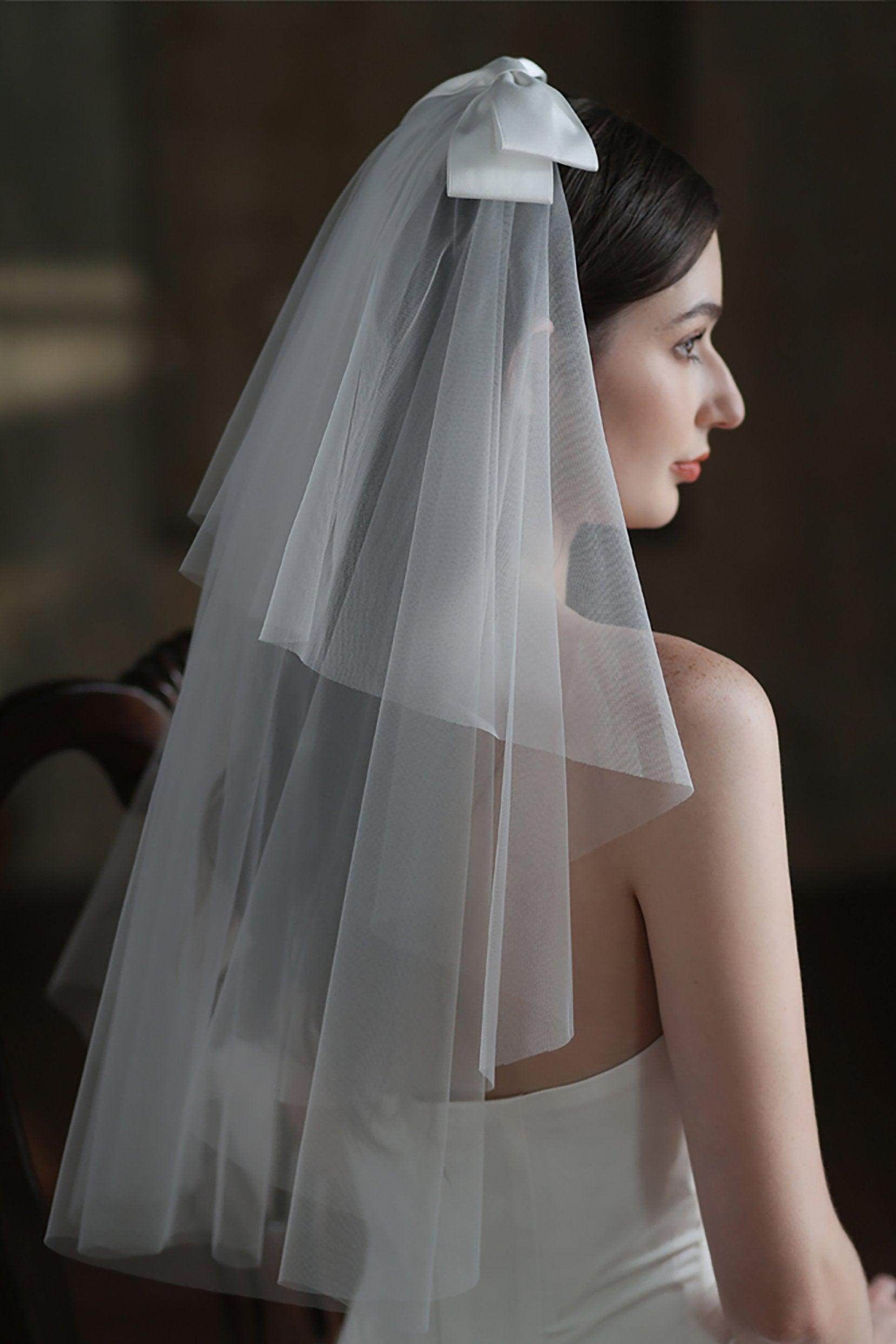Two-tier Cut Edge Tulle Waist Veils with Bow CV0308 - COCOMELODY