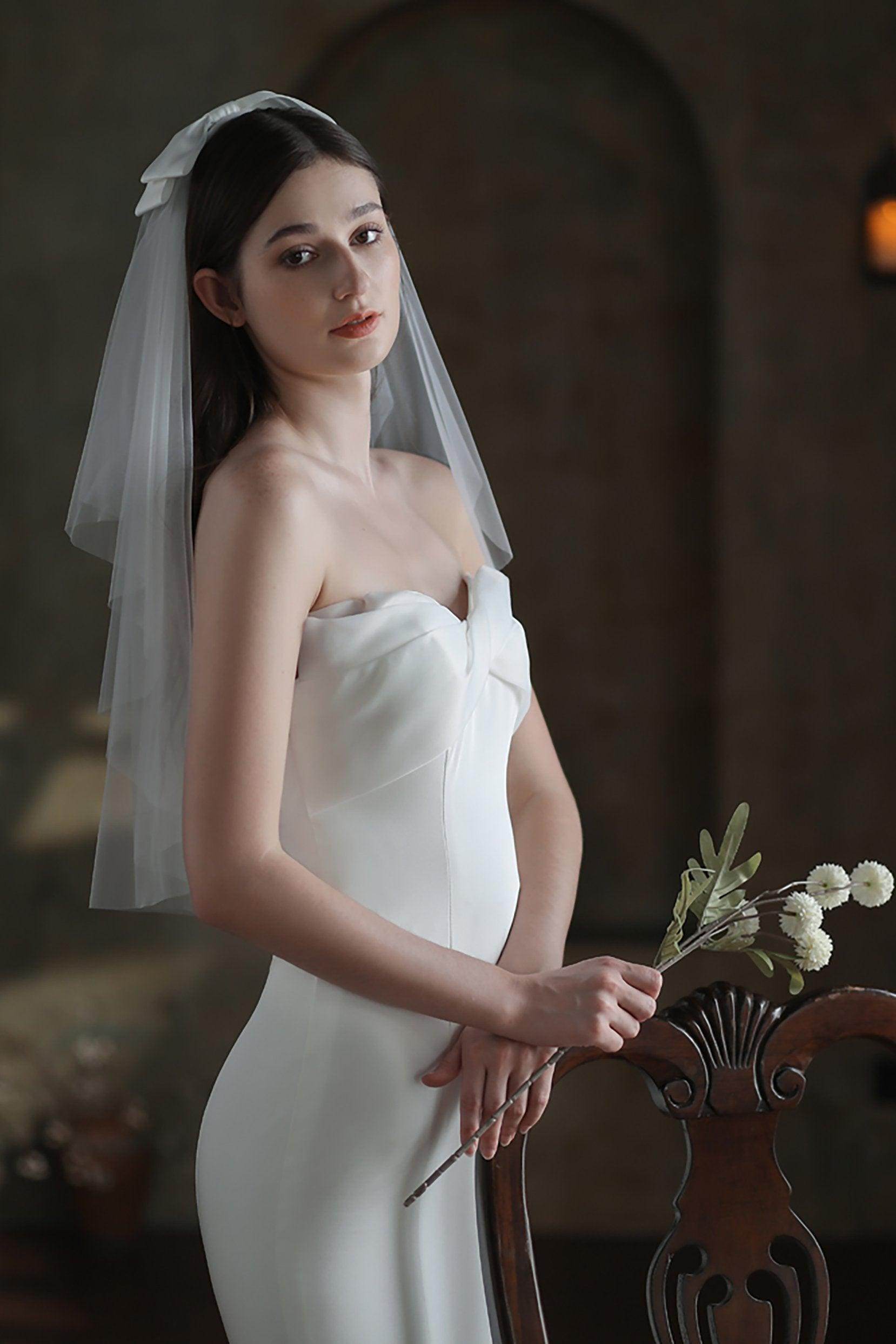 Two-tier Cut Edge Tulle Waist Veils with Bow CV0308 - COCOMELODY