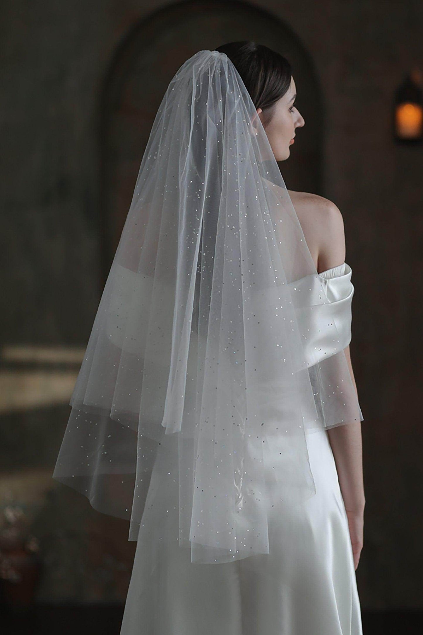 Two-tier Cut Edge Tulle Waist Veils with Sequin CV0312 - COCOMELODY