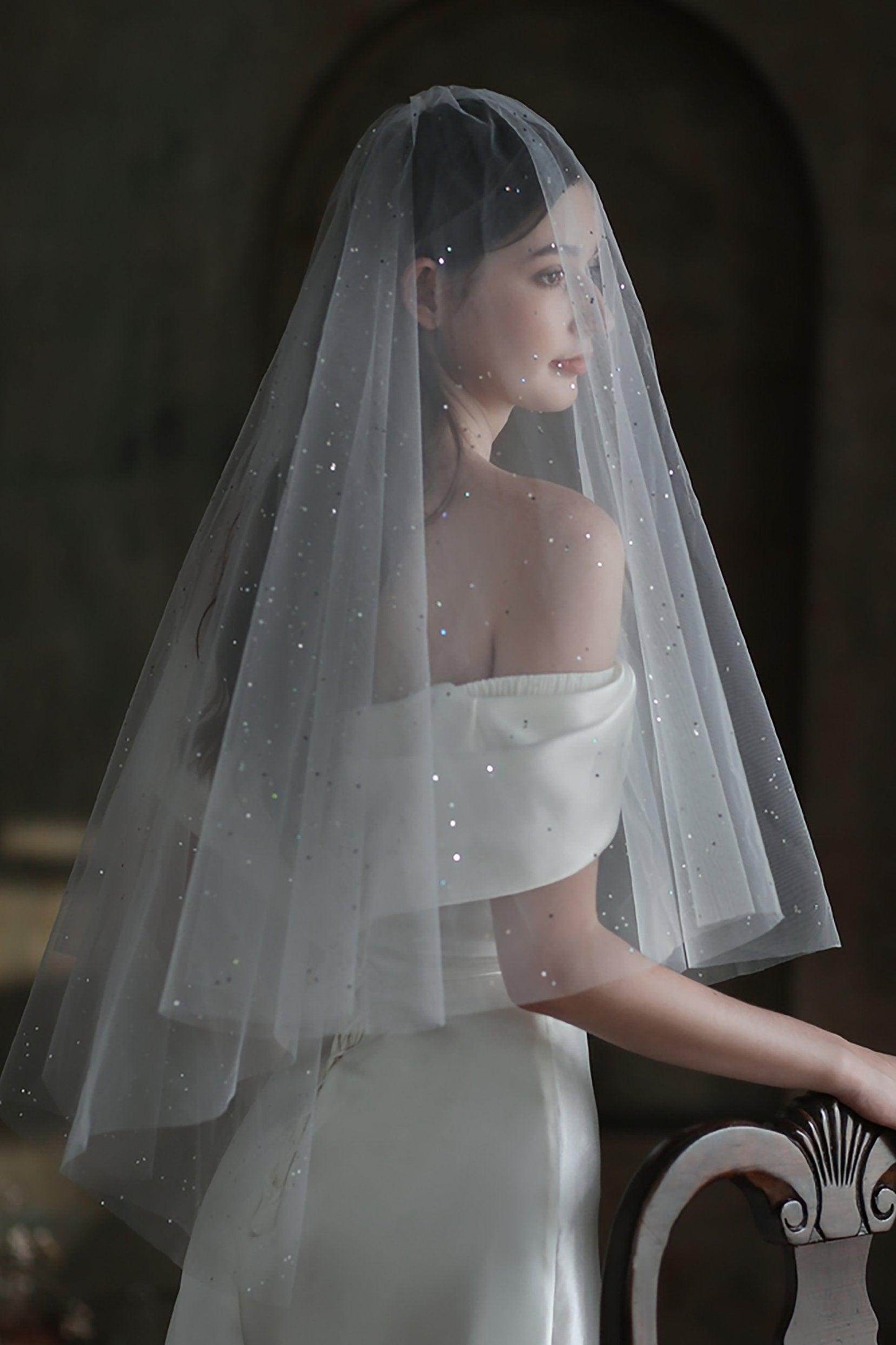 Two-tier Cut Edge Tulle Waist Veils with Sequin CV0312 - COCOMELODY