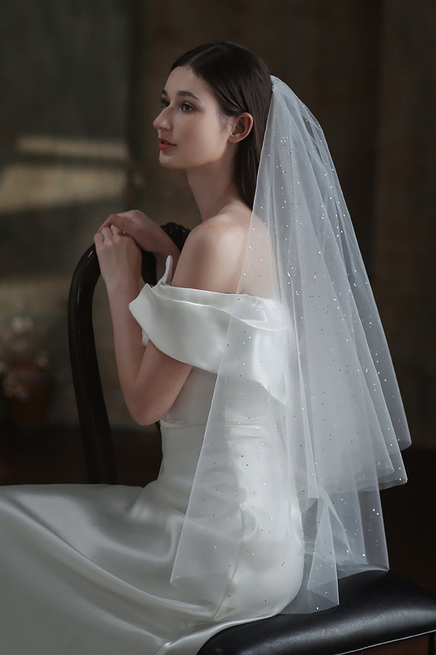 Two-tier Cut Edge Tulle Waist Veils with Sequin CV0312