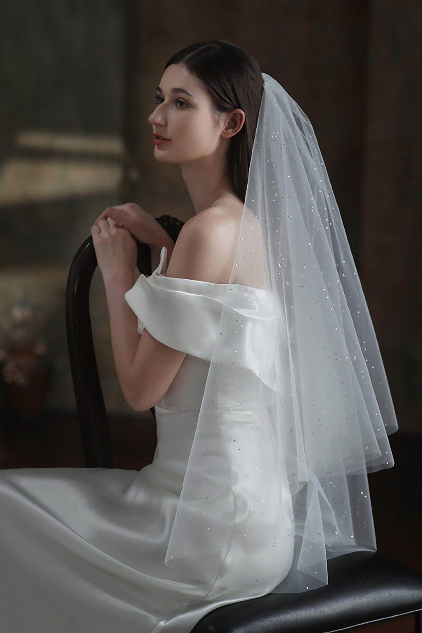 Two-tier Cut Edge Tulle Waist Veils with Sequin CV0312 - COCOMELODY