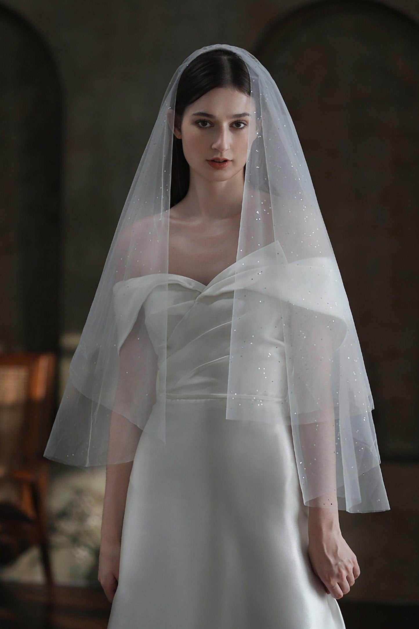 Two-tier Cut Edge Tulle Waist Veils with Sequin CV0312 - COCOMELODY