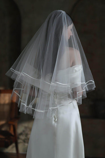Two-tier Satin Edge Tulle Waist Veils with Ribbons CV0313 - COCOMELODY