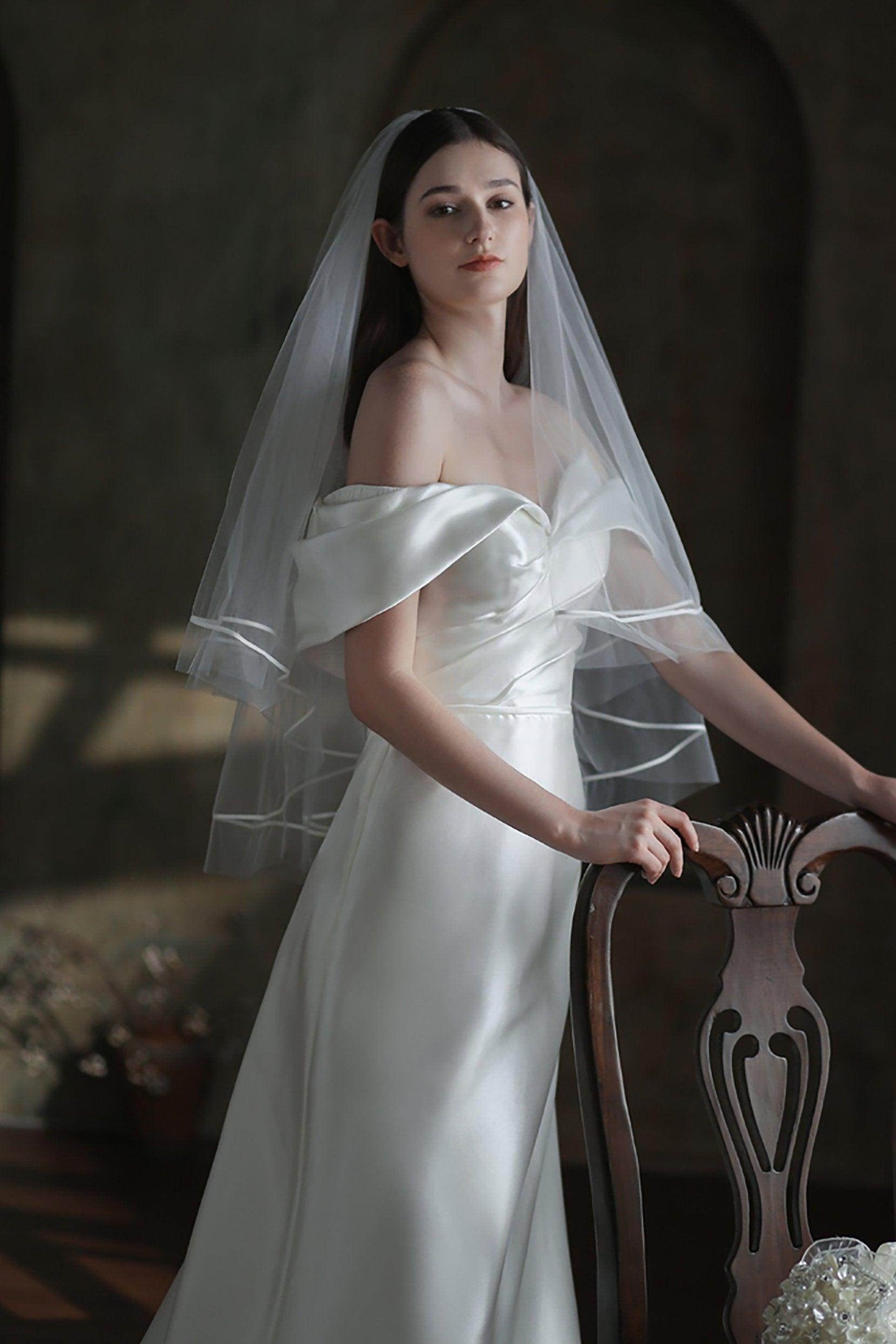 Two-tier Satin Edge Tulle Waist Veils with Ribbons CV0313 - COCOMELODY