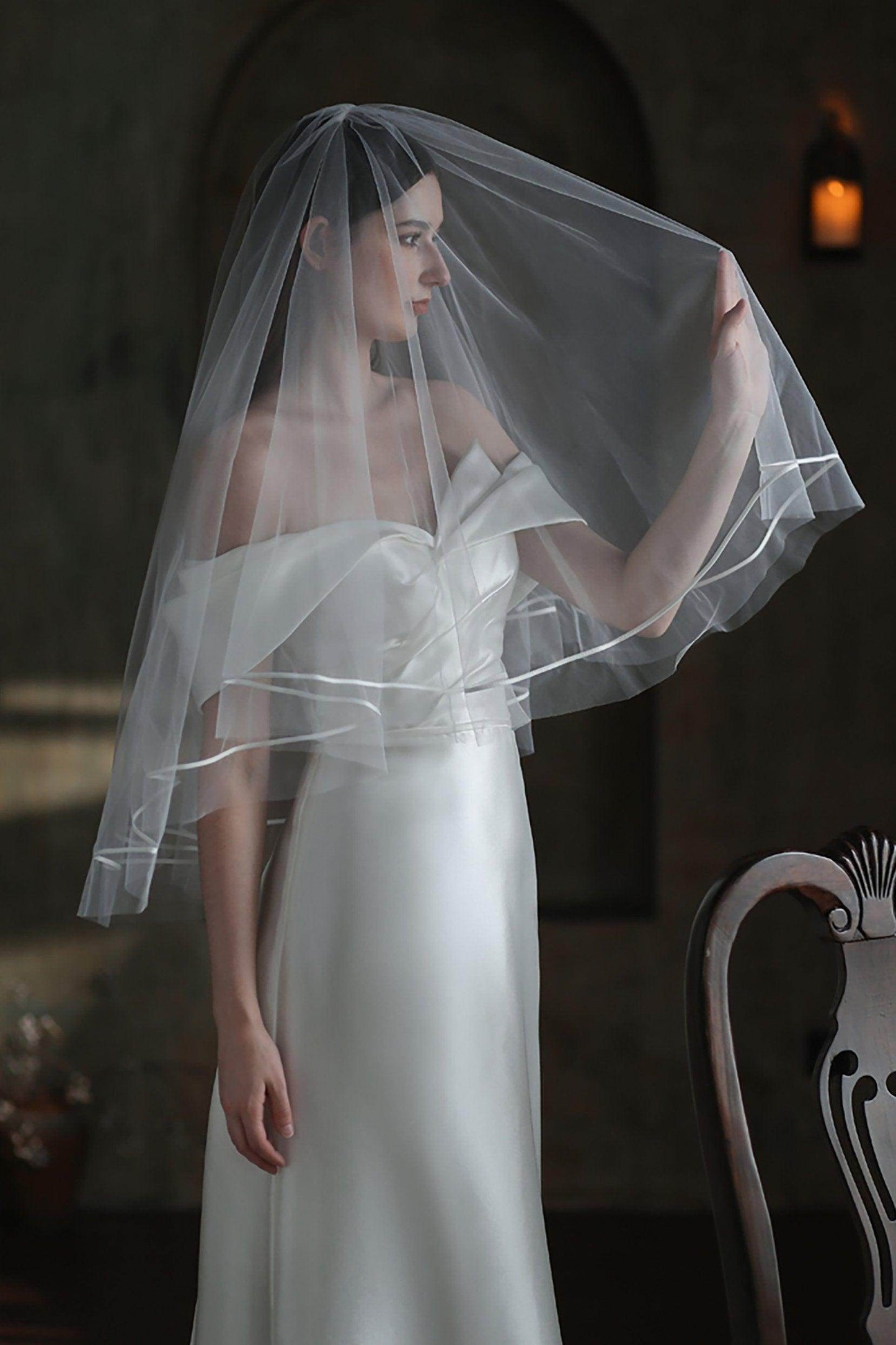 Two-tier Satin Edge Tulle Waist Veils with Ribbons CV0313 - COCOMELODY