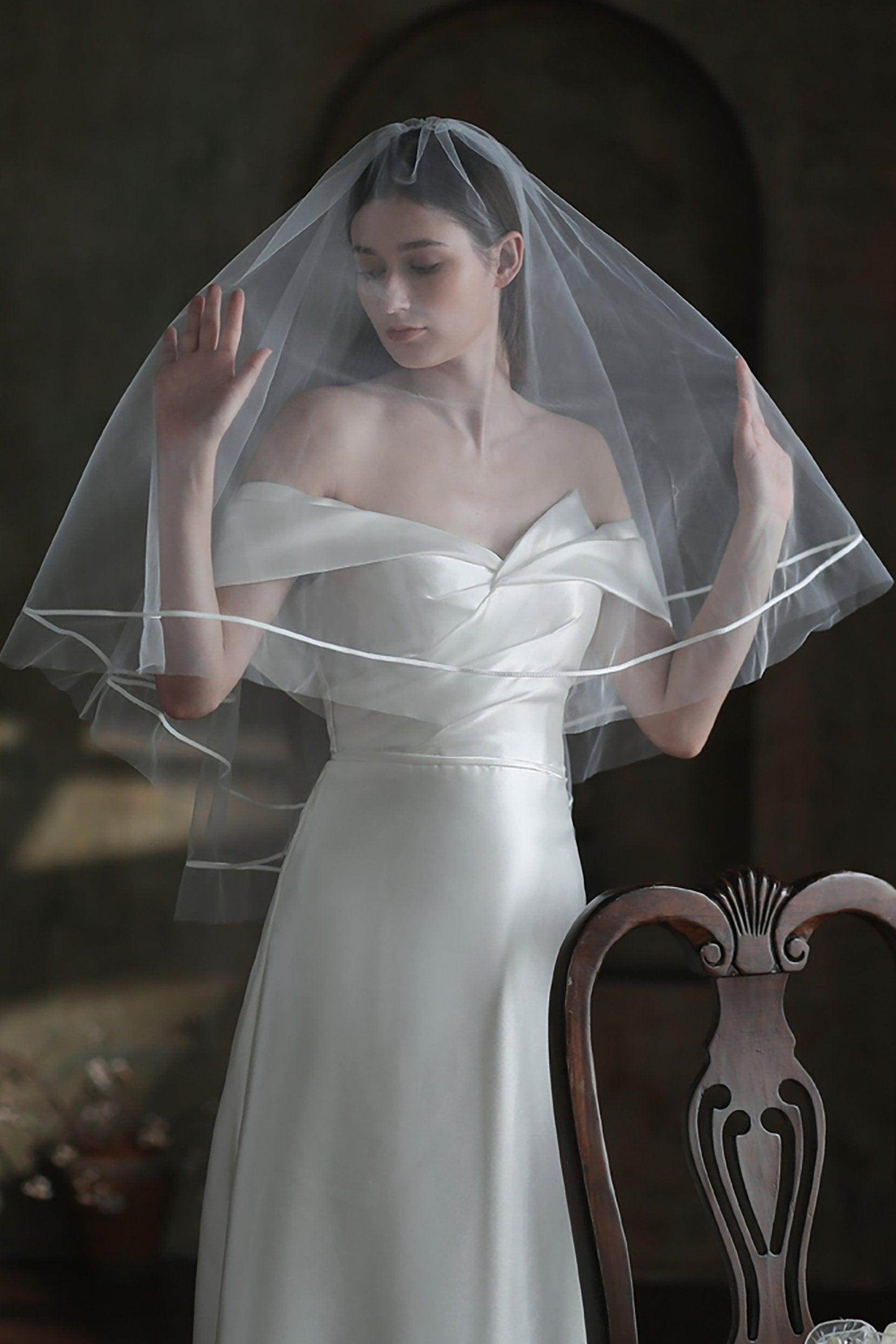 Two-tier Satin Edge Tulle Waist Veils with Ribbons CV0313 - COCOMELODY
