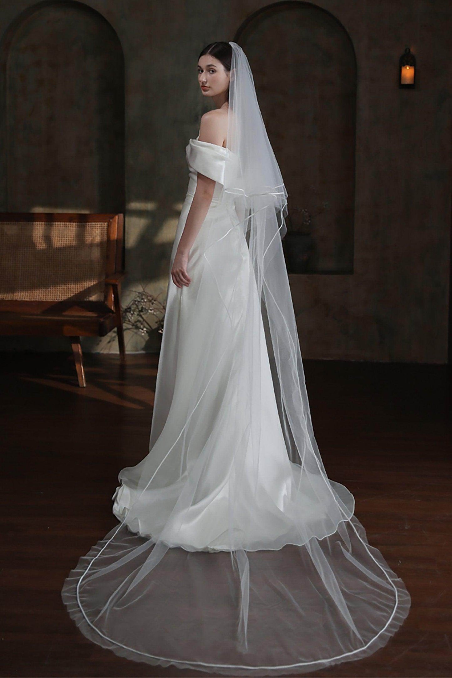 Two-tier Satin Edge Tulle Chapel Veils with Ribbons CV0319 - COCOMELODY