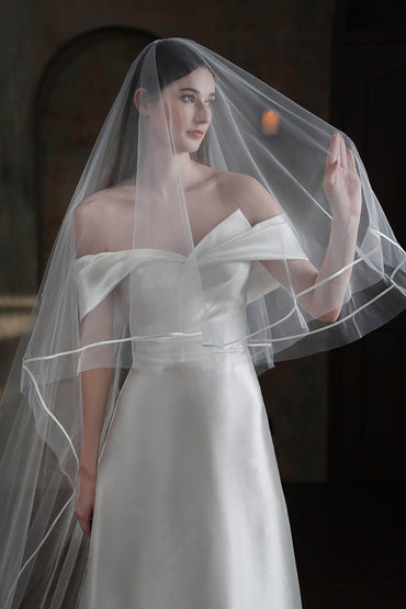 Two-tier Satin Edge Tulle Chapel Veils with Ribbons CV0319 - COCOMELODY