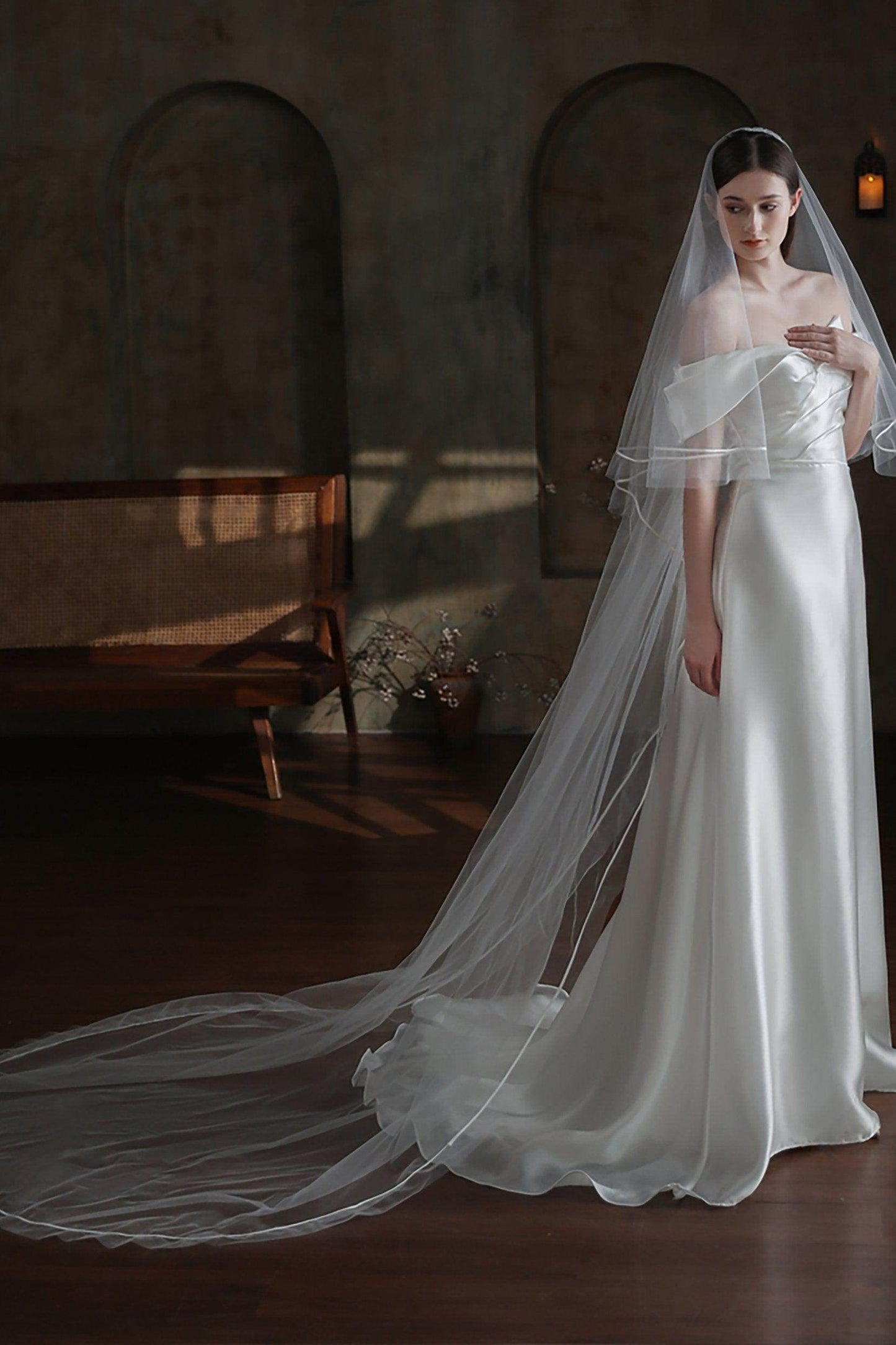 Two-tier Satin Edge Tulle Chapel Veils with Ribbons CV0319 - COCOMELODY