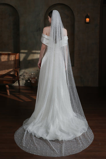 One-tier Cut Edge Tulle Chapel Veils with Pearls CV0320