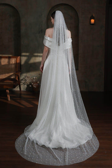 One-tier Cut Edge Tulle Chapel Veils with Pearls CV0320 - COCOMELODY