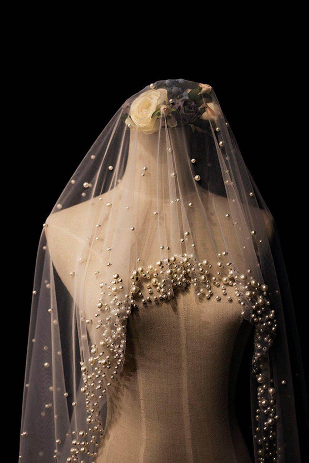 One-tier Cut Edge Tulle Chapel Veils with Pearls CV0348 - COCOMELODY