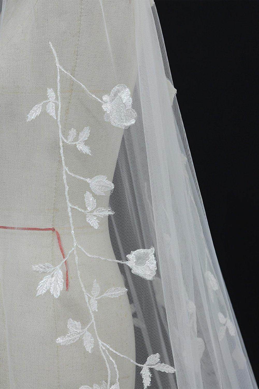 One-tier Cut Edge Tulle Chapel Veils with Appliques CV0353 - COCOMELODY