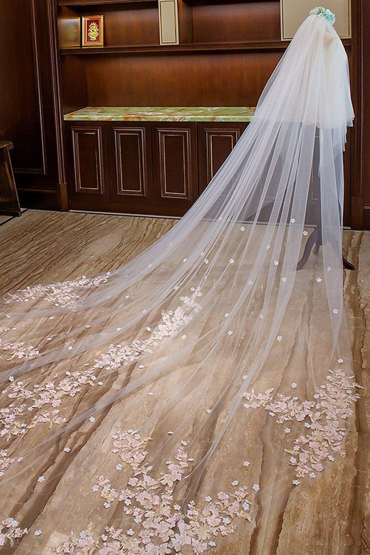 Two-tier Lace Edge Tulle Lace Cathedral Veils with Appliques CV0354 - COCOMELODY