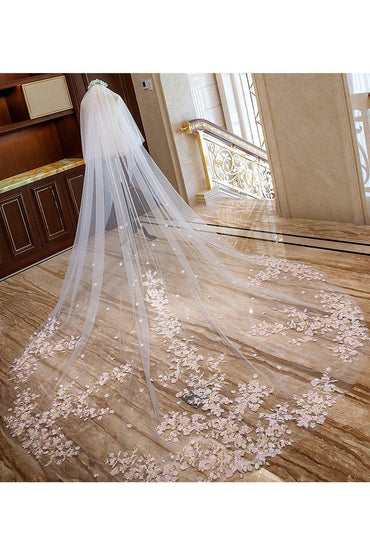 Two-tier Lace Edge Tulle Lace Cathedral Veils with Appliques CV0354 - COCOMELODY