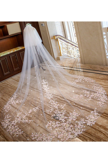 Two-tier Lace Edge Tulle Lace Cathedral Veils with Appliques CV0354