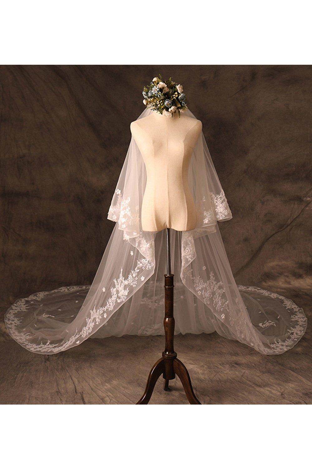 Two-tier Lace Edge Tulle Lace Cathedral Veils with Appliques CV0355 - COCOMELODY