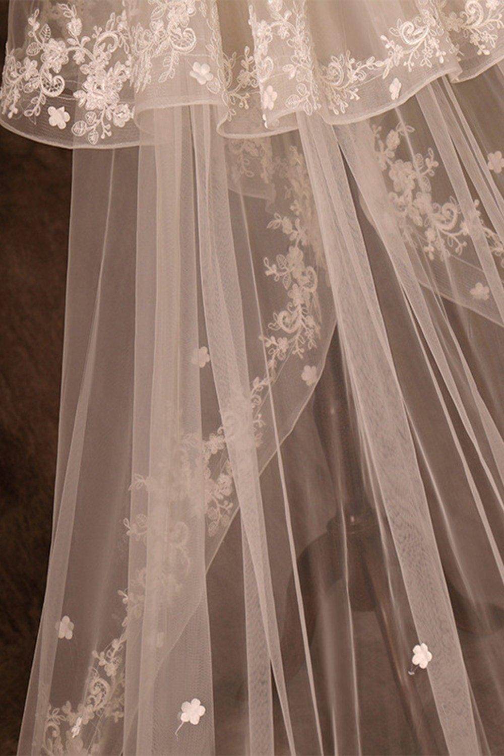 Two-tier Lace Edge Tulle Lace Cathedral Veils with Appliques CV0355 - COCOMELODY