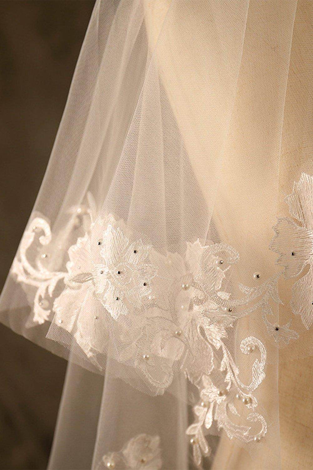 Two-tier Lace Edge Tulle Lace Waist Veils with Pearls CV0356 - COCOMELODY