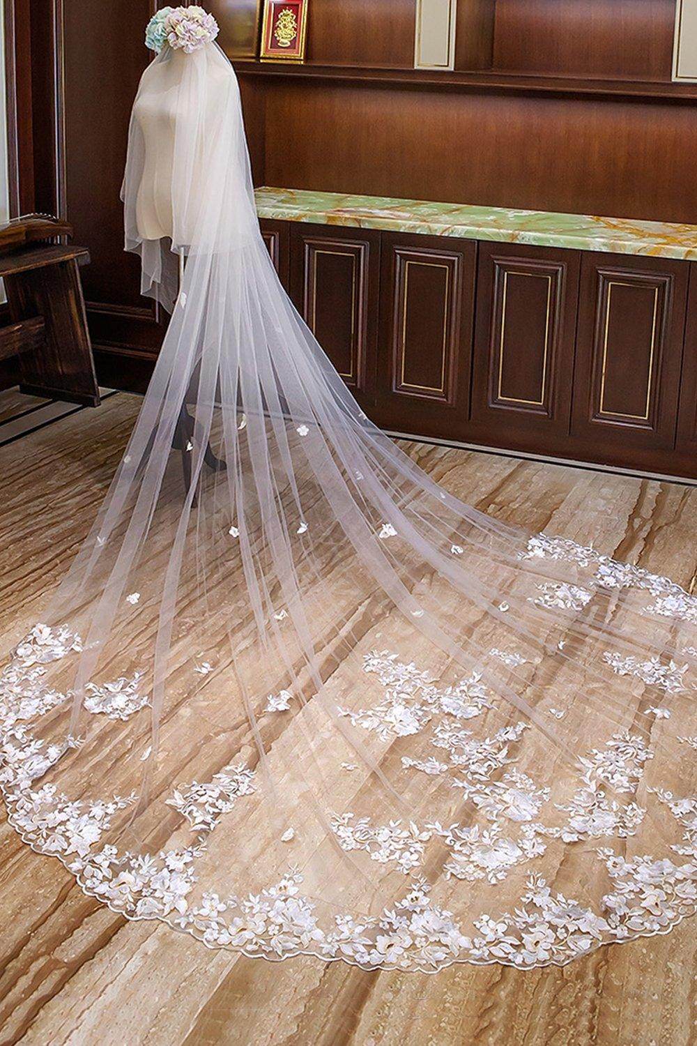 Two-tier Lace Edge Tulle Lace Cathedral Veils with Appliques CV0357 - COCOMELODY
