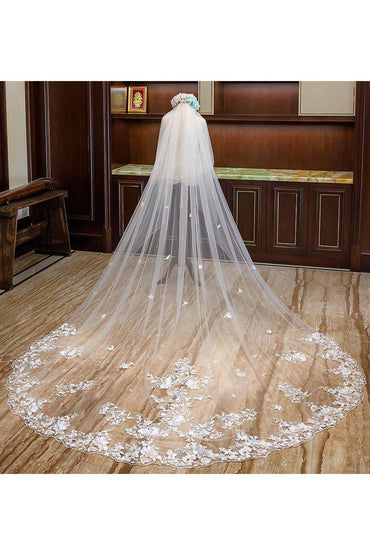 Two-tier Lace Edge Tulle Lace Cathedral Veils with Appliques CV0357 - COCOMELODY