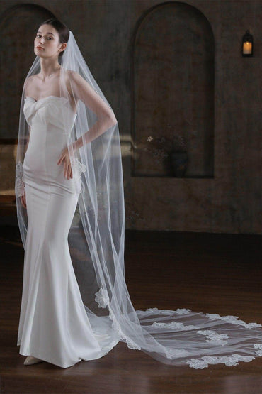 One-tier Lace Edge Tulle Lace Cathedral Veils with Appliques CV0367 - COCOMELODY