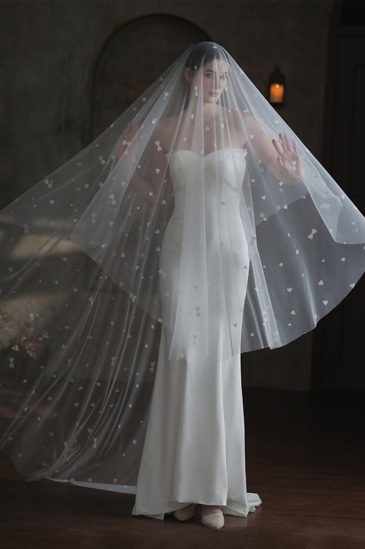 One-tier Cut Edge Tulle Cathedral Veils with Appliques CV0371