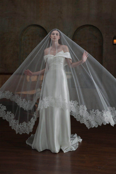 One-tier Lace Edge Tulle Lace Cathedral Veils with CV0373 - COCOMELODY
