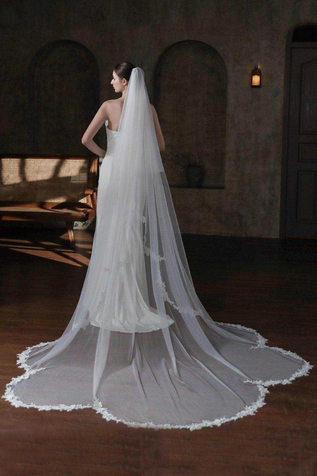 Two-tier Lace Edge Tulle Lace Chapel Veils with CV0374 - COCOMELODY