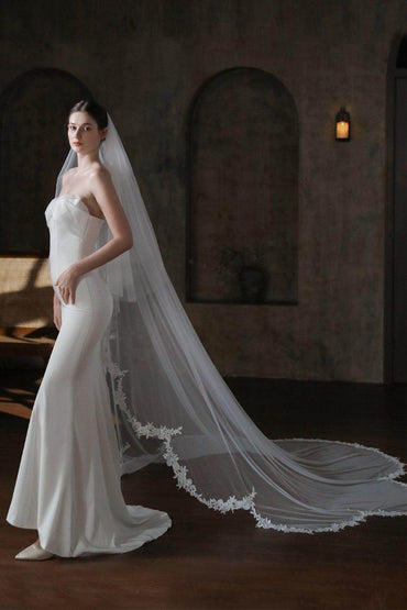 Two-tier Lace Edge Tulle Lace Chapel Veils with CV0374 - COCOMELODY