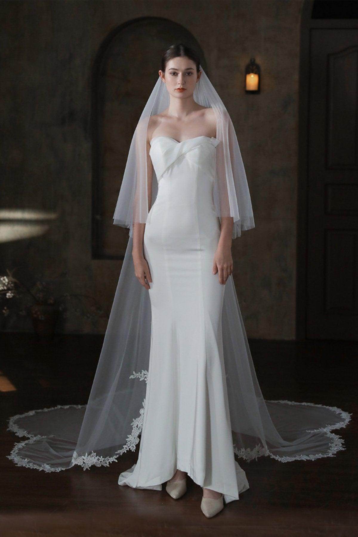 Two-tier Lace Edge Tulle Lace Chapel Veils with CV0374 - COCOMELODY