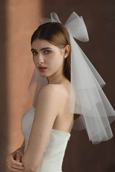 Two-tier Cut Edge Tulle Waist Veils with Bow CV0376 - COCOMELODY